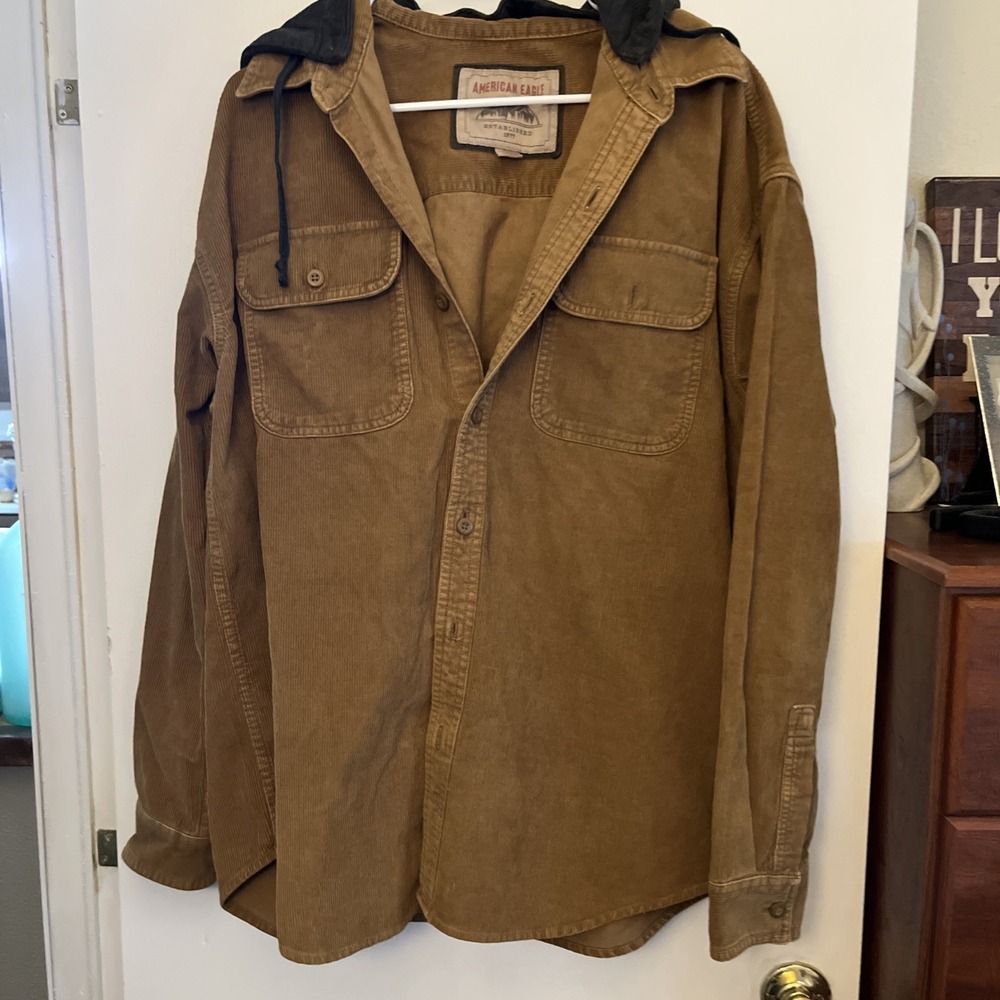 American‎ Eagle Corduroy Hooded Button Up Crop Jacket Mens  Tan Khaki Size L